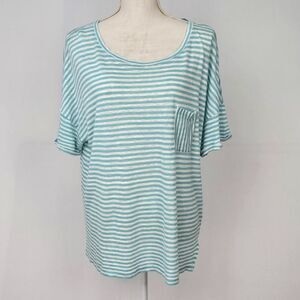 Caslon Womens Large Linen Aqua Blue White Stripe Short Sleeve Pocket T Shirt
